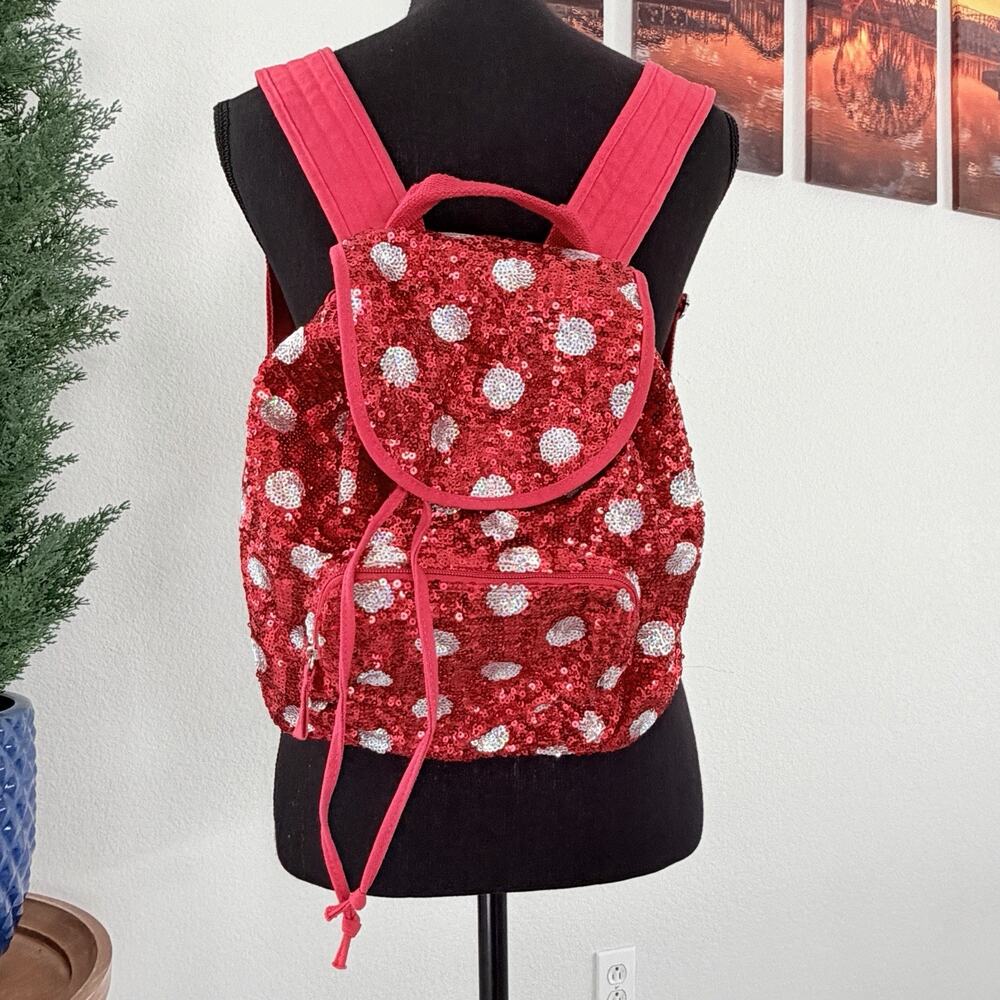 Disney Parks Minnie Mouse Red White‎ Polka Dot Sequin Backpack Sparkly Mini